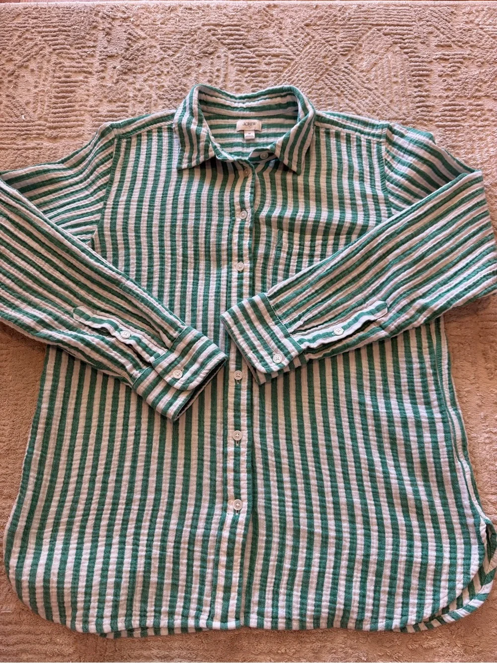 J.Crew Green White Striped Cotton Button Down Shirt Size Medium